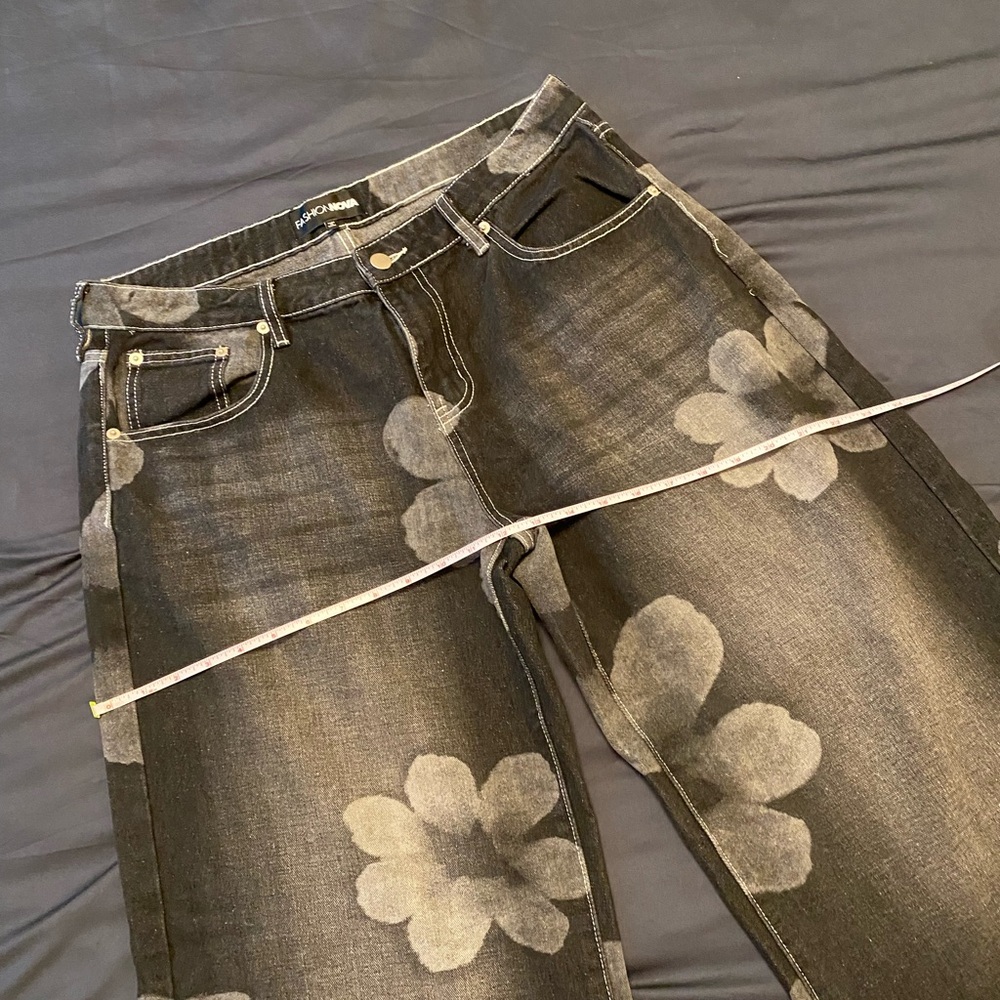 Floral Print Wide Leg Jeans - Black with Washed White Flowers - Picture 6 of 15